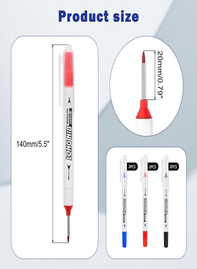 Buildcon 6 Pcs Deep Hole Marker Pen Permanent, Long Nib Marker for Wood, Metal, Glass, Plastic, Construction, Carpenter Tools, Tracer Marker Pen, Marksman Marking Tool (Blue, Black, Red) - Image 2